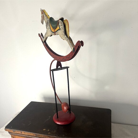 Vintage Painted Metal Rocking Horse Kinetic Sculpture With Red Base & Decorative - Picture 3 of 7